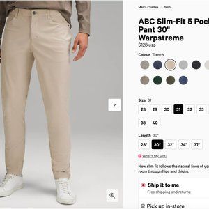 Lululemon ABC Slim-Fit 5-Pocket 31x30 Warpstreme